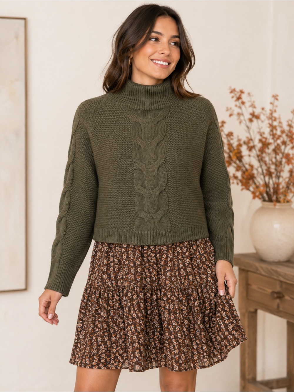 Olive Cable Turtleneck Cropped Sweater - Women